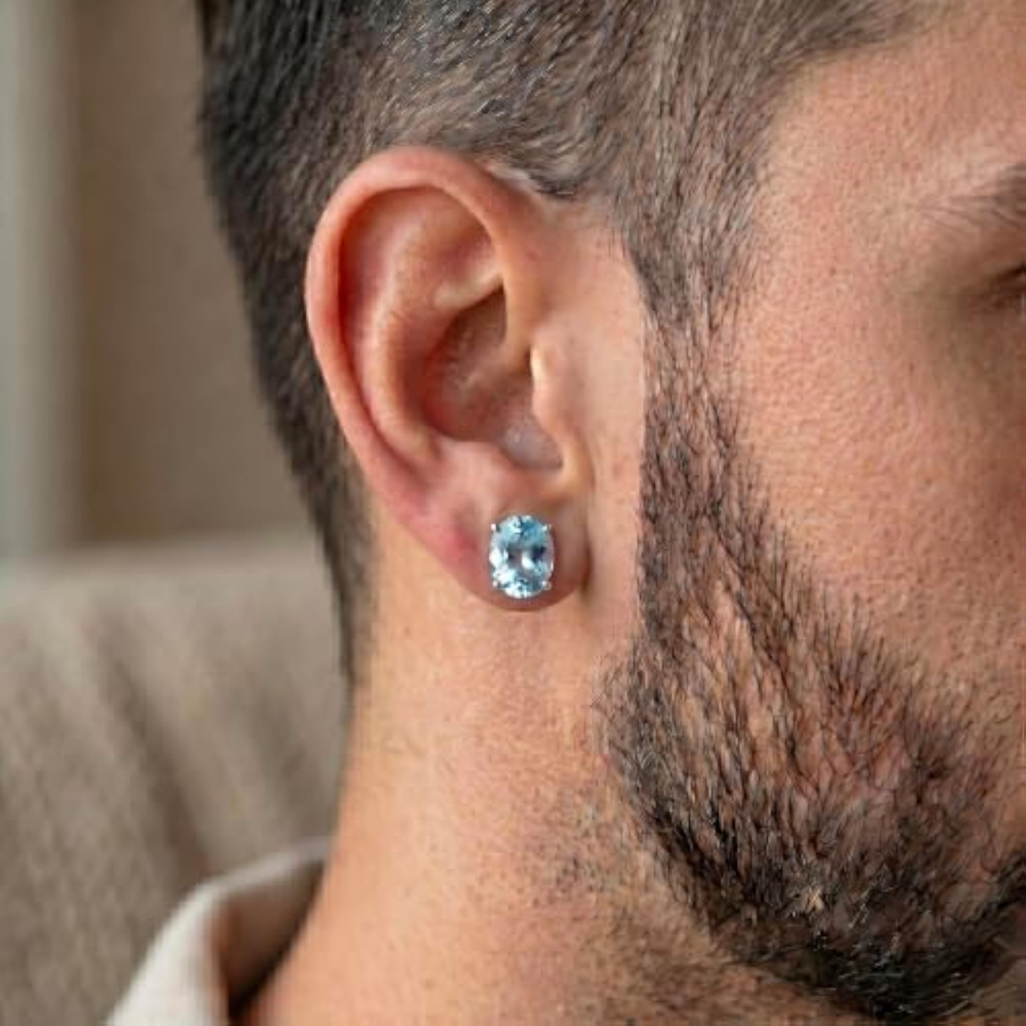 Men's 925 Sterling Silver Oval Shaped Gemstone Single Stud Earring